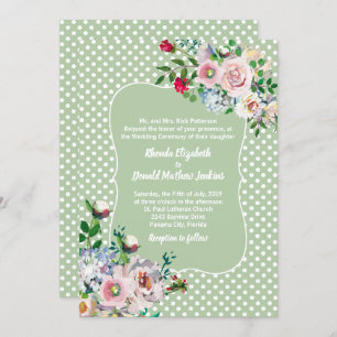 Light Sage with White Dots and Flowers Wedding Invitation