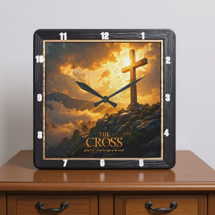 Light Salvation Cross Mountain Stone World John 8 Square Wall Clock