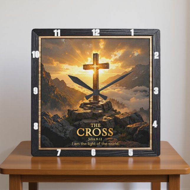 Light Salvation Cross Mountain Wooden Fog John 8:1 Square Wall Clock (Creator Uploaded)