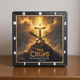 Light Salvation Cross Mountain Wooden World John 8 Square Wall Clock