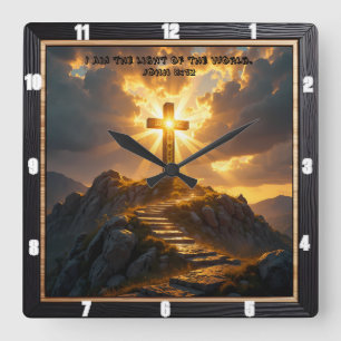 Light Salvation Cross Stairway Mountain John 8:12 Square Wall Clock