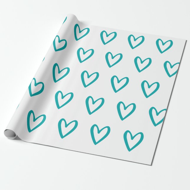 Light Sea Green on White Handdrawn Hearts Wrapping Paper (Unrolled)