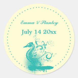 Light sea green seahorse wedding Save the Date Classic Round Sticker