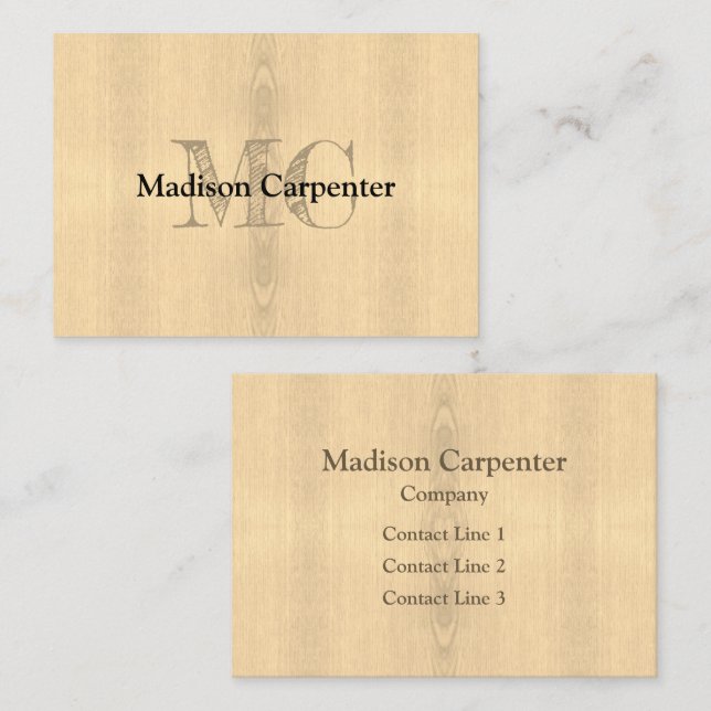 Light sepia yellow wood grain Carpenter Monogram Business Card (Front/Back)