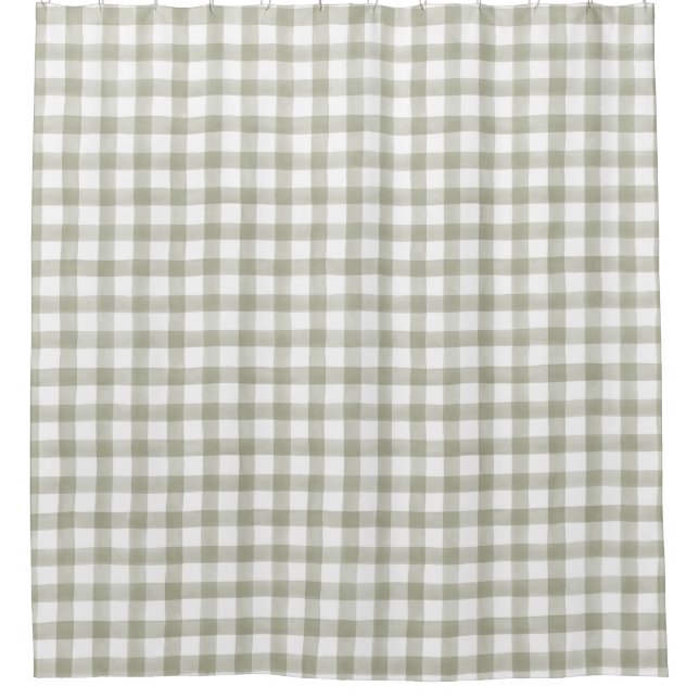 Light Silver Green English Country Check Plaid Shower Curtain (Front)