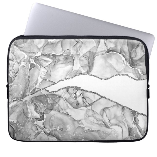 LIGHT SILVER MARBLE AGATE GLITTER GLAM LAPTOP SLEEVE (Front)