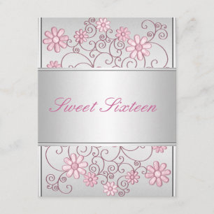 Light Silver Metal Pale Pink Flowers 16th Birthday Invitation