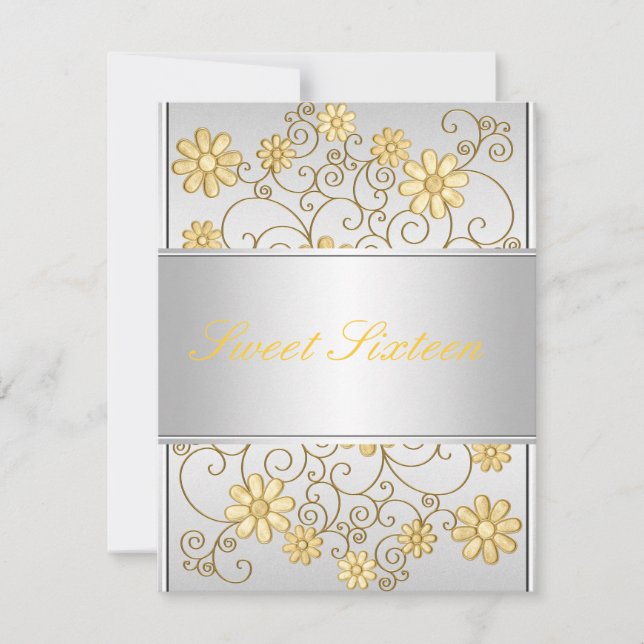 Light Silver Metal Yellow Flowers 16th Birthday Invitation (Front)