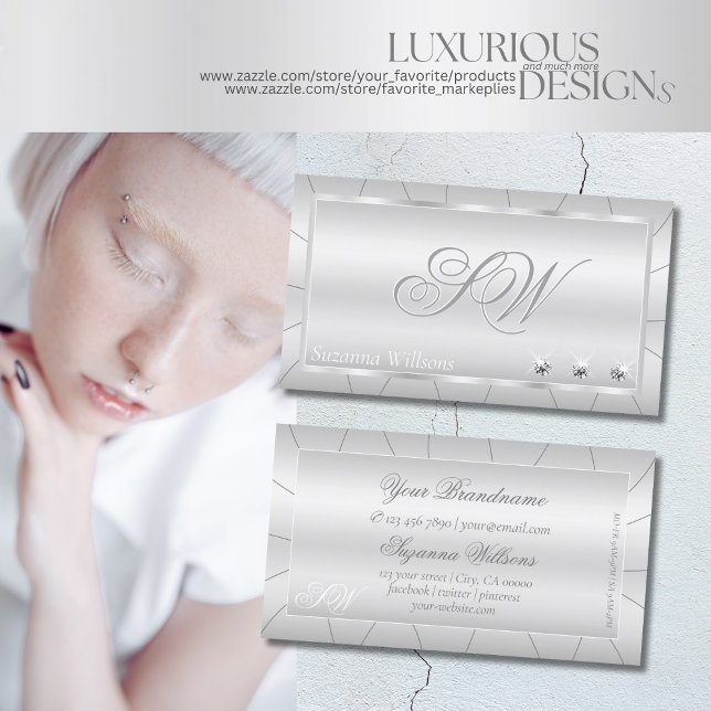 Light Silver with Diamonds and Monogram Luxurious Business Card (Creator Uploaded)