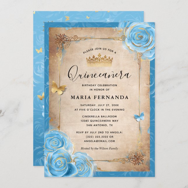 Light Sky Blue and Gold Rose Elegant Quinceanera Invitation (Front/Back)