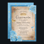 Light Sky Blue and Gold Rose Elegant Quinceanera Invitation<br><div class="desc">Create your own elegant light blue rose gold quinceanera invitations that are easily personalised for your special sweet 15/16 birthday party! The sky blue design features gold butterfly confetti coupled with watercolor roses hand illustrated by the artist, Raphaela Wilson. On the front and back side, a lovely scroll-like dresses/gown border...</div>