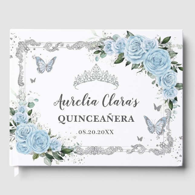 Light Sky Blue Floral Butterflies Quinceañera Guest Book (Front)