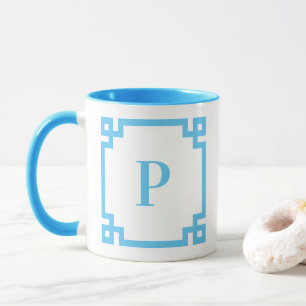 Light Sky Blue Greek Key Border Monogram Mug