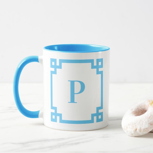 Light Sky Blue Greek Key Border Monogram Mug (With Donut)