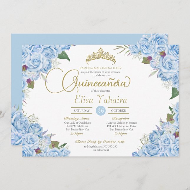 Light Sky Blue Rose Floral Gold Tiara Quinceanera Invitation (Front/Back)