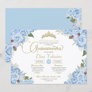 Light Sky Blue Rose Floral Gold Tiara Quinceanera Invitation