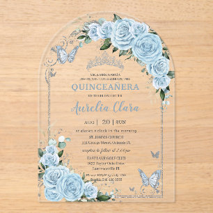 Light Sky Blue Rose Floral Quinceañera Sweet 16 15 Acrylic Invitations