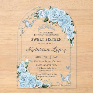 Light Sky Blue Rose Floral Sweet 16 15 Quinceañera Acrylic Invitations