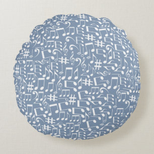 Light Smokey Blue w Dancing Music Notes Round Cushion