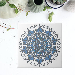 Light Steel Blue Elegant Doily Mandala On White Tile