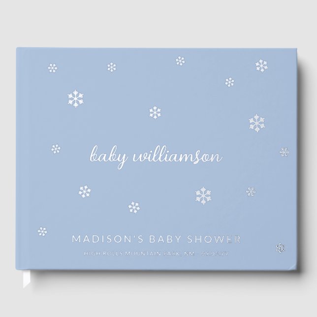 Light Steel Blue Snowflakes Boy Winter Baby Shower Guest Book (Front)
