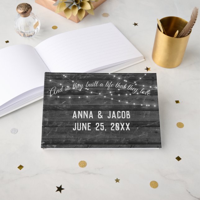 Light String On Dark Gray Wood Wedding  Guest Book (Front Open)
