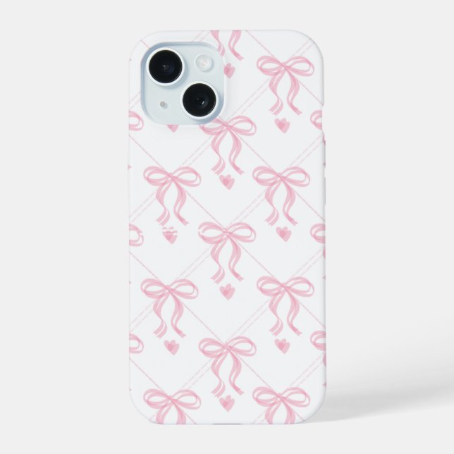 Light Tea Pink Bows on White iPhone 15 Case  (Back)