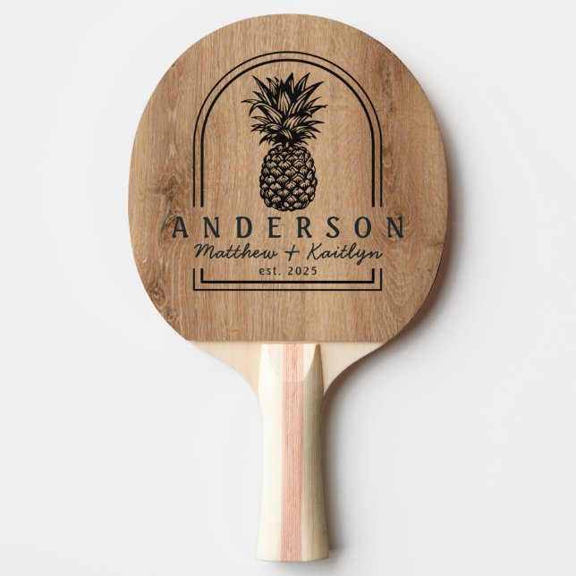 Light Teak Wood Pineapple Wedding Arch & Name Ping Pong Paddle (Front)