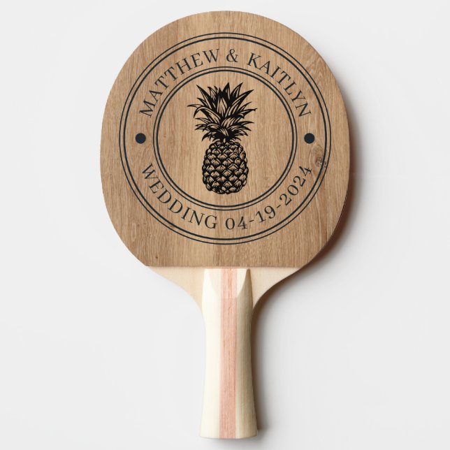 Light Teak Wood Pineapple Wedding Crest & Names Ping Pong Paddle (Back)