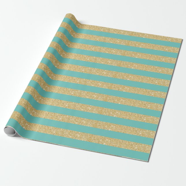 Light Teal and Gold Glitter Stripes Wrapping Paper (Unrolled)