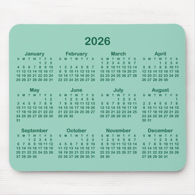 Light Teal and Hunter Green 2026 Calendar Mouse Mat (Front)