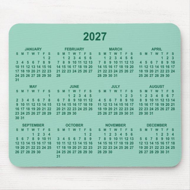 Light Teal and Hunter Green 2027 Calendar Mouse Mat (Front)