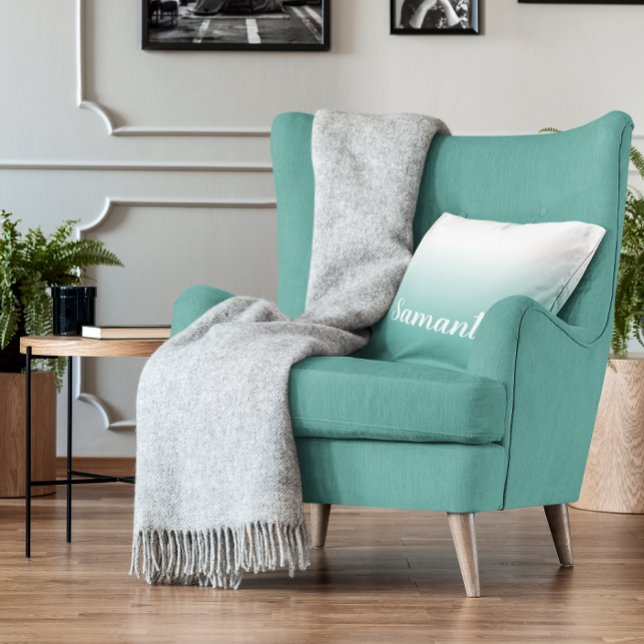 Light Teal and White Gradient Modern Calligraphy Cushion (Light Teal and White Gradient Modern Calligraphy Throw Pillow)