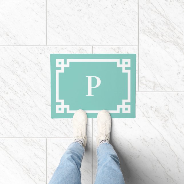 Light Teal and White Greek Key Border Monogram Doormat (Indoor)