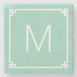 Light Teal and White Greek Key Border Monogram Stone Coaster