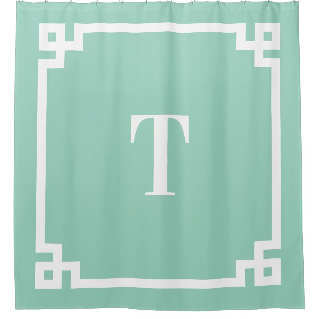 Light Teal and White Greek Key Simple Monogram Shower Curtain (Front)