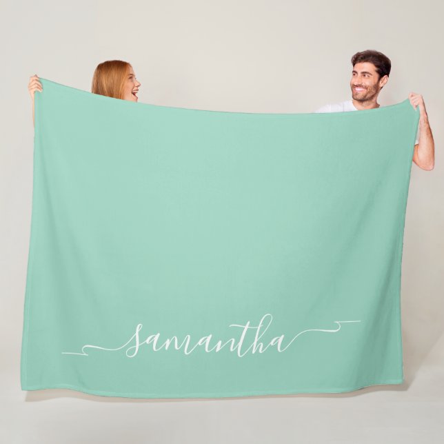 Light Teal and White Ribbon Swash Signature Name Fleece Blanket (In Situ)