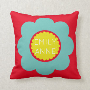 Light Teal and Yellow Flower on Bright Red Cushion
