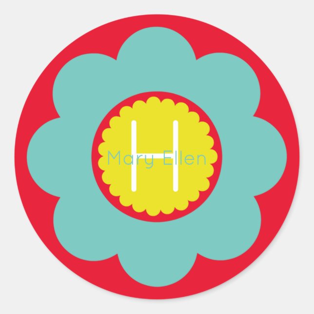 Light Teal and Yellow Flower on Red Monogram Classic Round Sticker (Front)