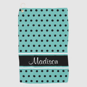 Light Teal Black Polka Dot Stripe Script Name Golf Towel