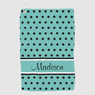 Light Teal Black Polka Dot Stripe Script Name Golf Towel