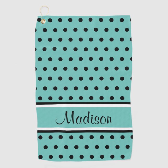 Light Teal Black Polka Dot Stripe Script Name Golf Towel (Front)
