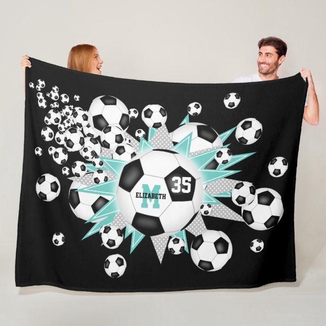 light teal black soccer balls stars girls sports fleece blanket (In Situ)