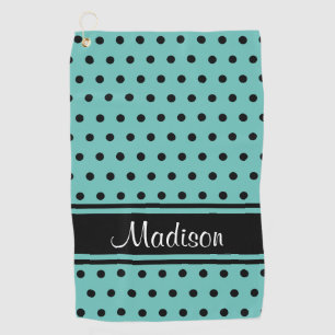 Light Teal Black Stripe Polka Dot Script Name Golf Towel