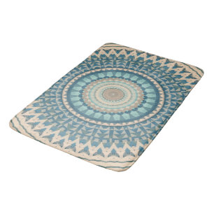 Light Teal Blue Beige Mandala   Bath Mat