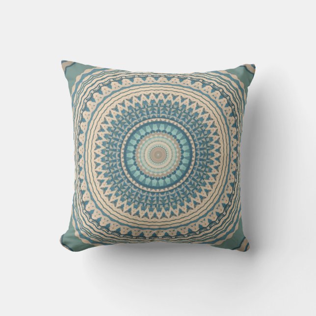 Light Teal Blue Beige Mandala Cushion (Front)