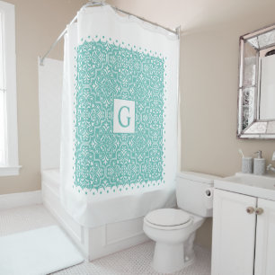 Light teal blue damask scalloped borders monogram shower curtain