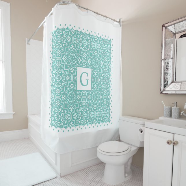 Light teal blue damask scalloped borders monogram shower curtain (In Situ)