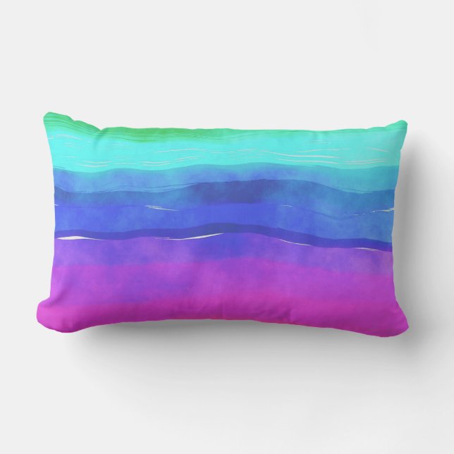 light teal blue  green purple Watercolor Stripes Lumbar Cushion (Front)