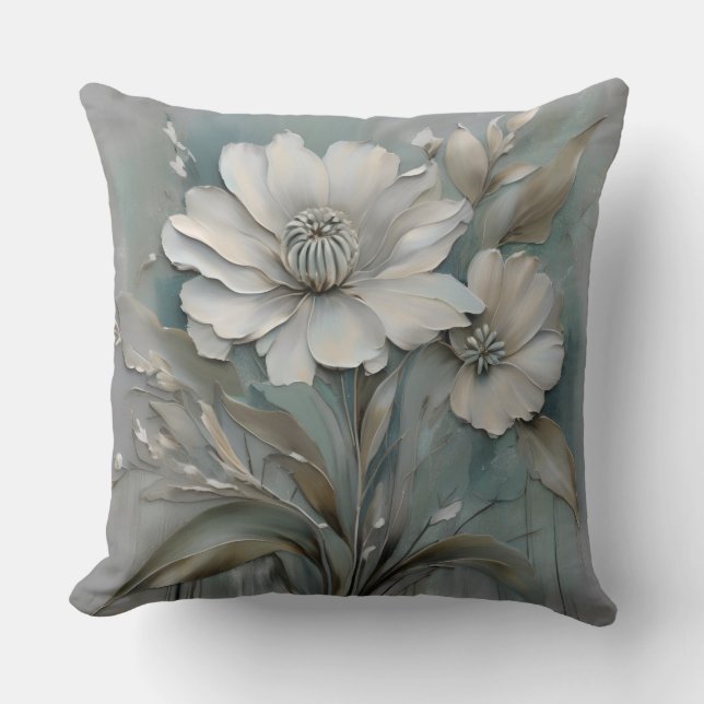 Light Teal Blue Grey Beige White Modern Flowers Cushion (Front)